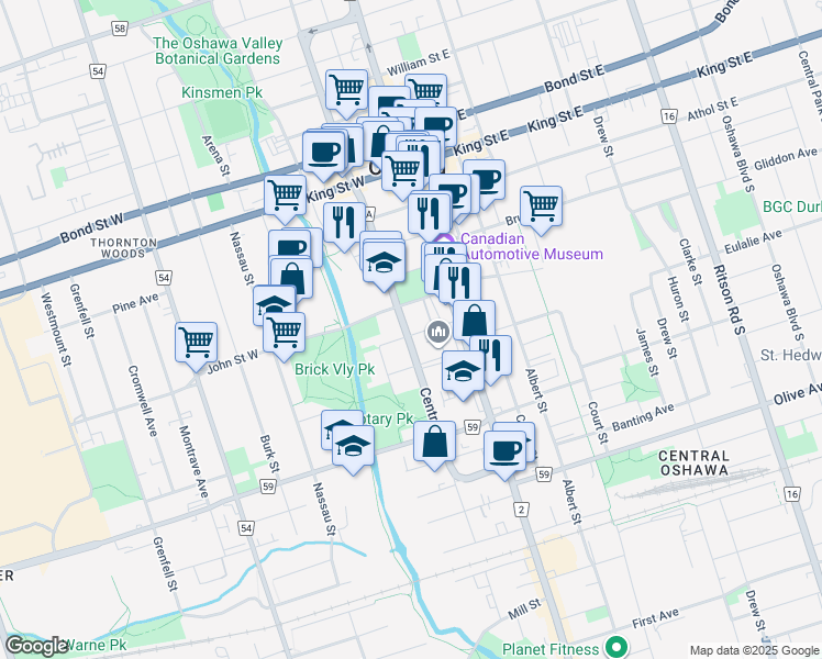 map of restaurants, bars, coffee shops, grocery stores, and more near 157 Centre Street South in Oshawa