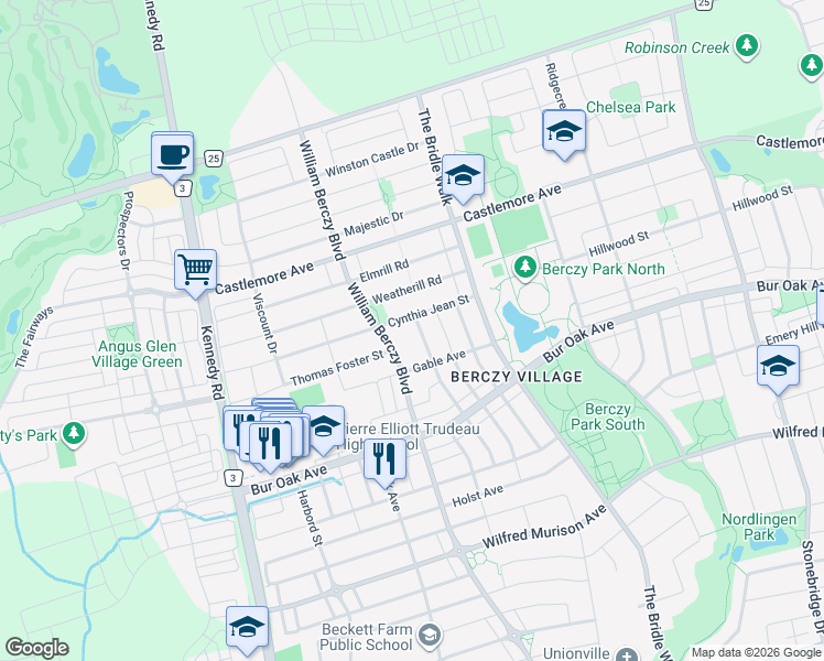 map of restaurants, bars, coffee shops, grocery stores, and more near 92 Crawford Street in Markham