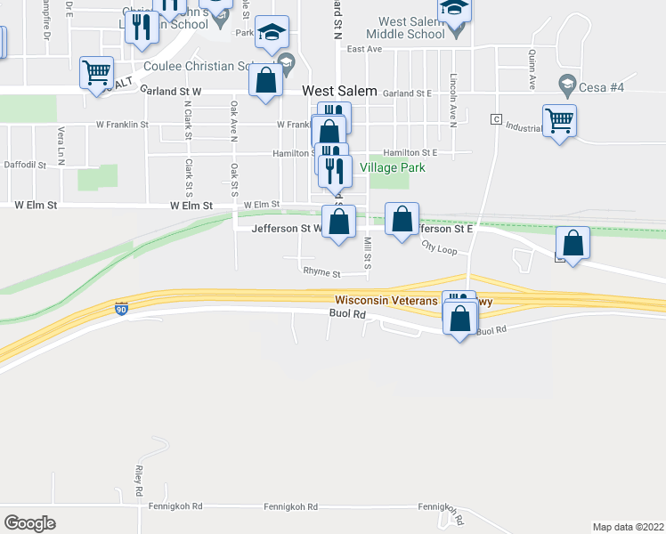 map of restaurants, bars, coffee shops, grocery stores, and more near 124 Rhyme Street in West Salem