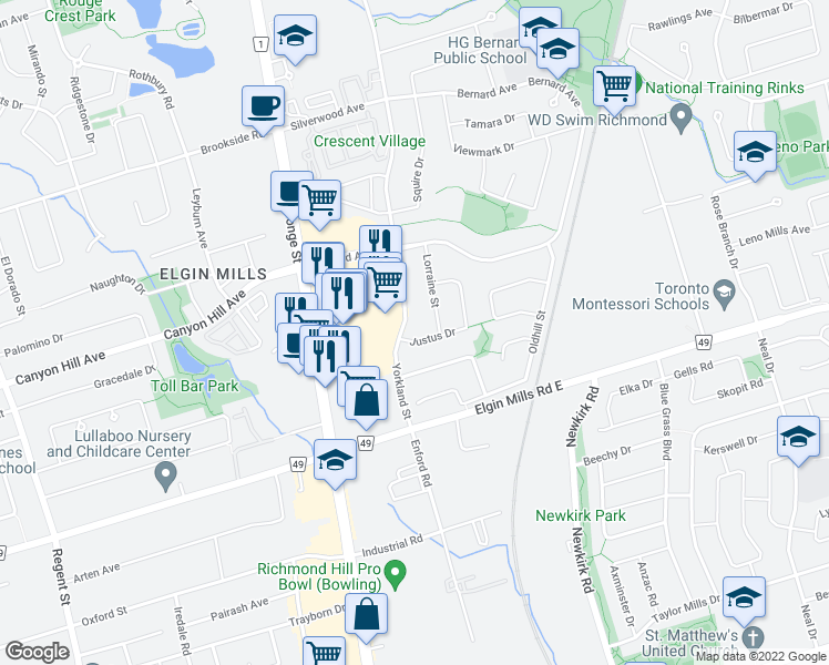 map of restaurants, bars, coffee shops, grocery stores, and more near 59 Yorkland Street in Richmond Hill