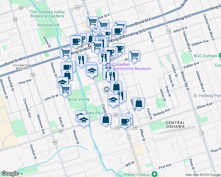 map of restaurants, bars, coffee shops, grocery stores, and more near 170 Simcoe Street South in Oshawa