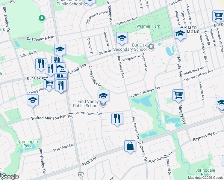 map of restaurants, bars, coffee shops, grocery stores, and more near 19 Country Ridge Drive in Markham