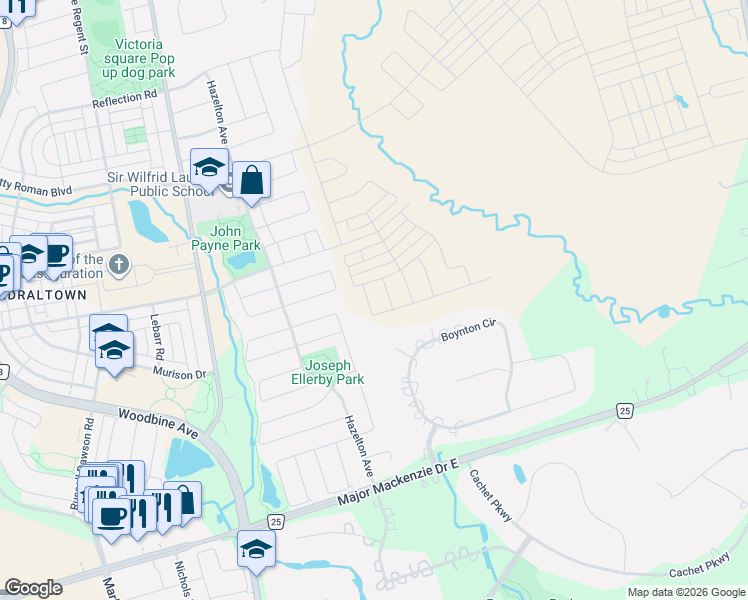 map of restaurants, bars, coffee shops, grocery stores, and more near 10 Percheron Court in Markham