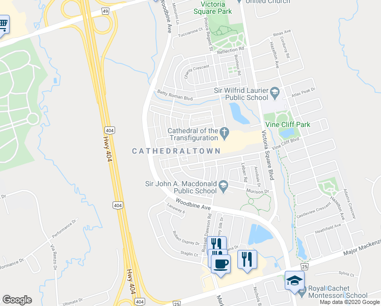 map of restaurants, bars, coffee shops, grocery stores, and more near 59 Vandaam Lane in Markham