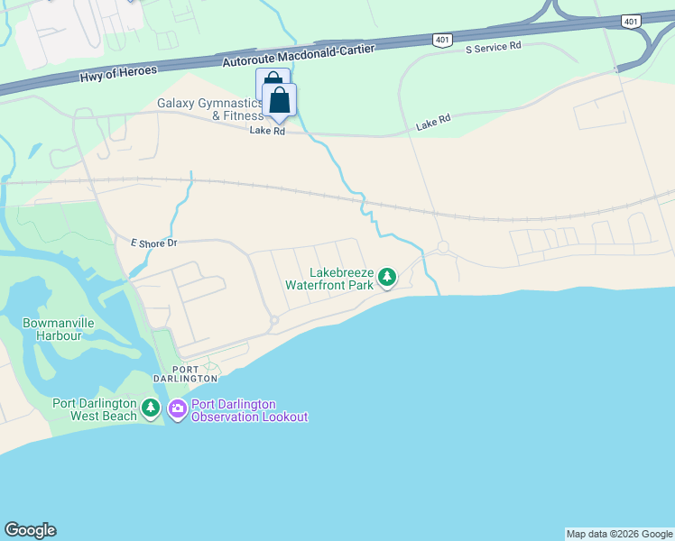 map of restaurants, bars, coffee shops, grocery stores, and more near 30 Clipper Lane in Clarington