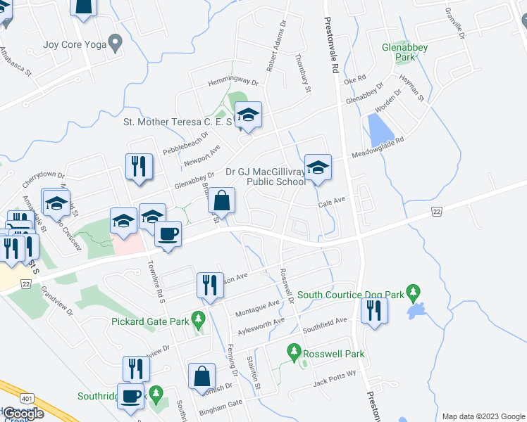 map of restaurants, bars, coffee shops, grocery stores, and more near Beckett Crescent in Courtice