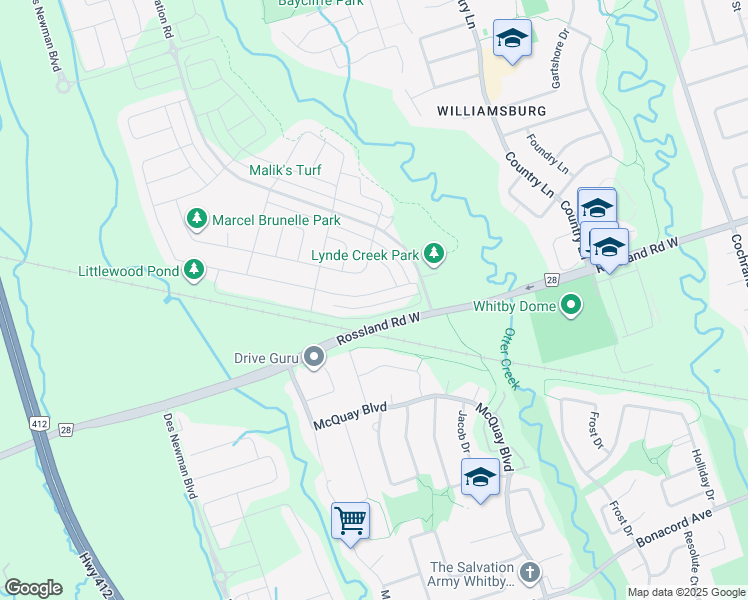 map of restaurants, bars, coffee shops, grocery stores, and more near 41 Ogston Crescent in Whitby