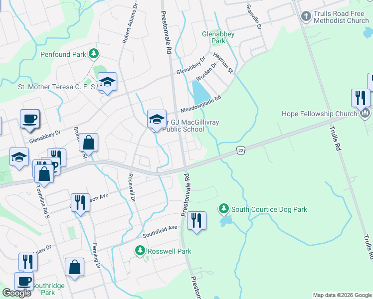map of restaurants, bars, coffee shops, grocery stores, and more near 2075 Prestonvale Road in Clarington