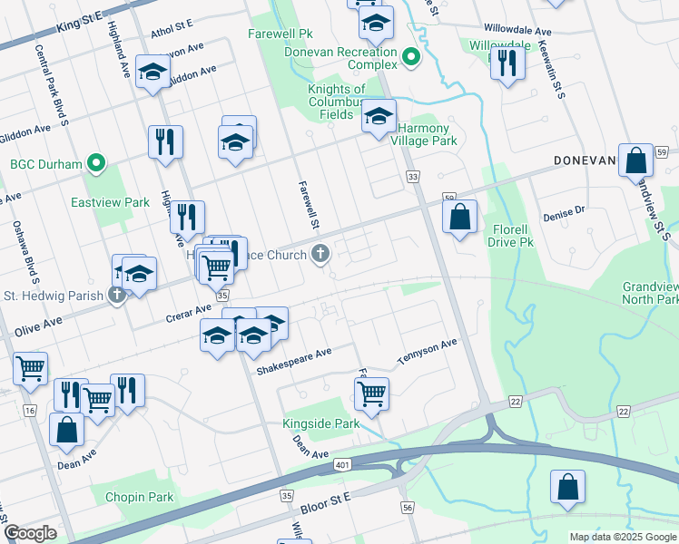 map of restaurants, bars, coffee shops, grocery stores, and more near 391 Farewell Street in Oshawa