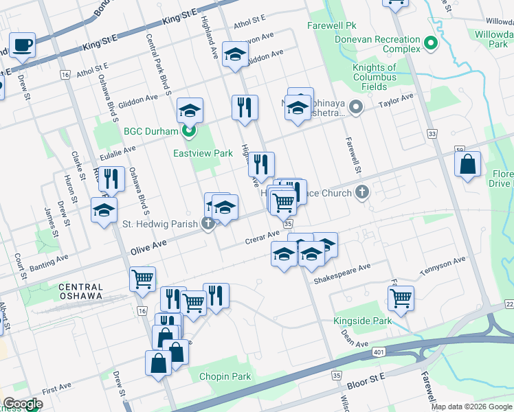 map of restaurants, bars, coffee shops, grocery stores, and more near in Oshawa