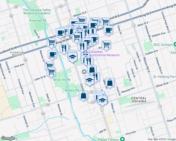 map of restaurants, bars, coffee shops, grocery stores, and more near in Oshawa