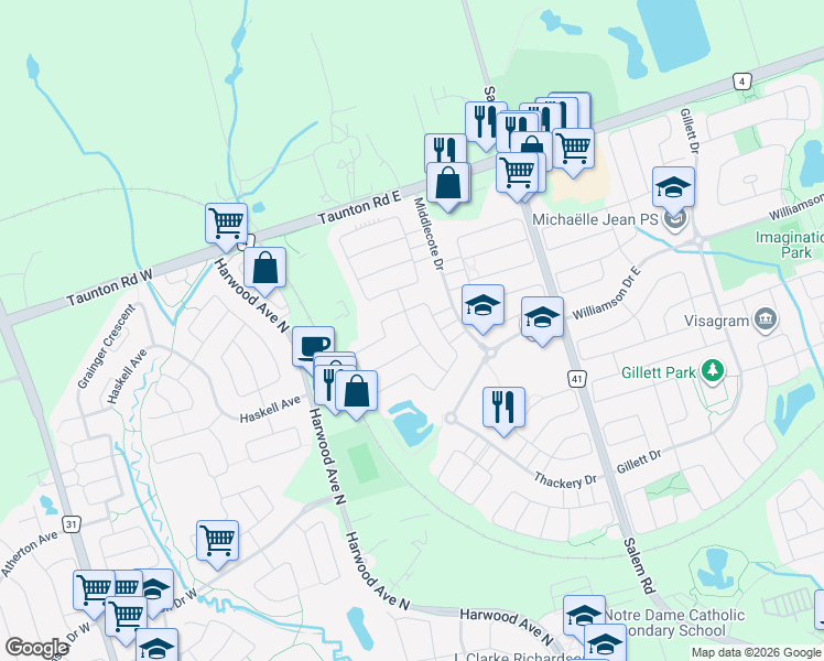map of restaurants, bars, coffee shops, grocery stores, and more near Hanaway Drive in Ajax