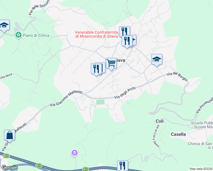 map of restaurants, bars, coffee shops, grocery stores, and more near 160E Via Emilia Sud in Stiava