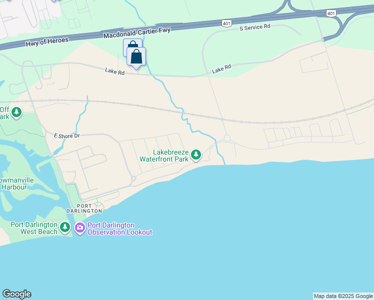 map of restaurants, bars, coffee shops, grocery stores, and more near 11 Yacht Drive in Bowmanville
