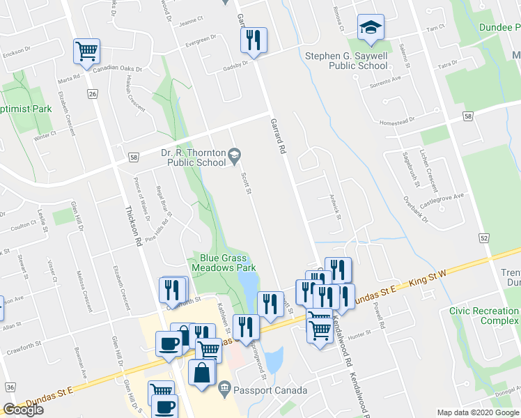 map of restaurants, bars, coffee shops, grocery stores, and more near 73 Scott Street in Whitby