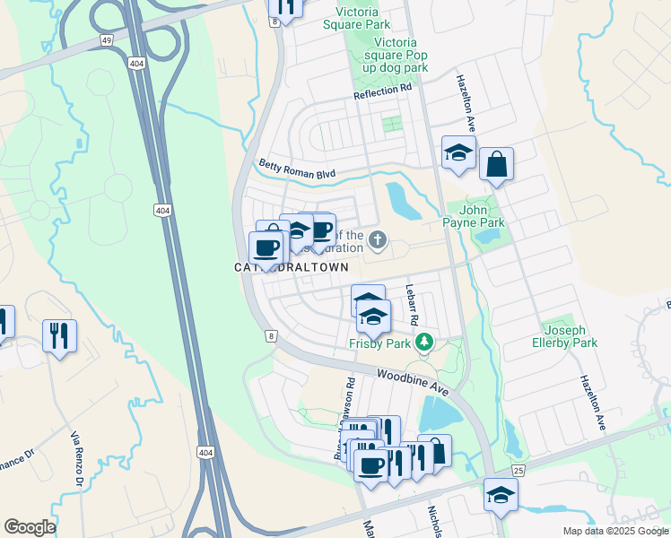 map of restaurants, bars, coffee shops, grocery stores, and more near 79 Vandaam Lane in Markham