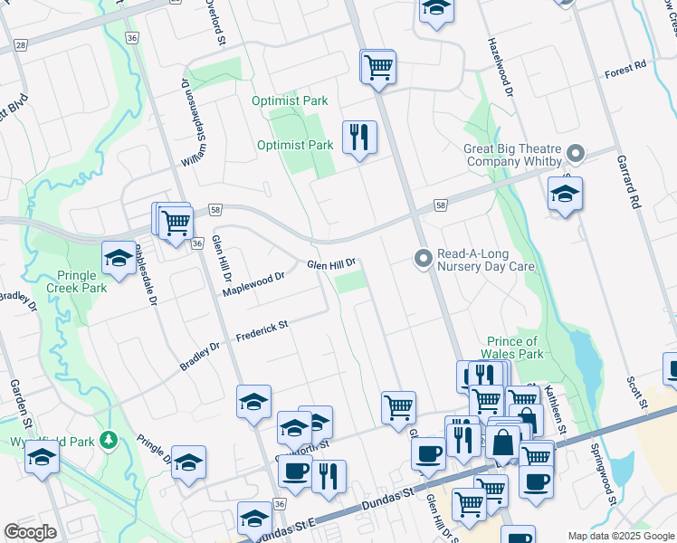 map of restaurants, bars, coffee shops, grocery stores, and more near 204 Glen Hill Drive in Whitby