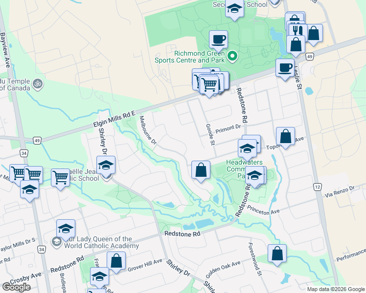 map of restaurants, bars, coffee shops, grocery stores, and more near 79 Lena Drive in Richmond Hill