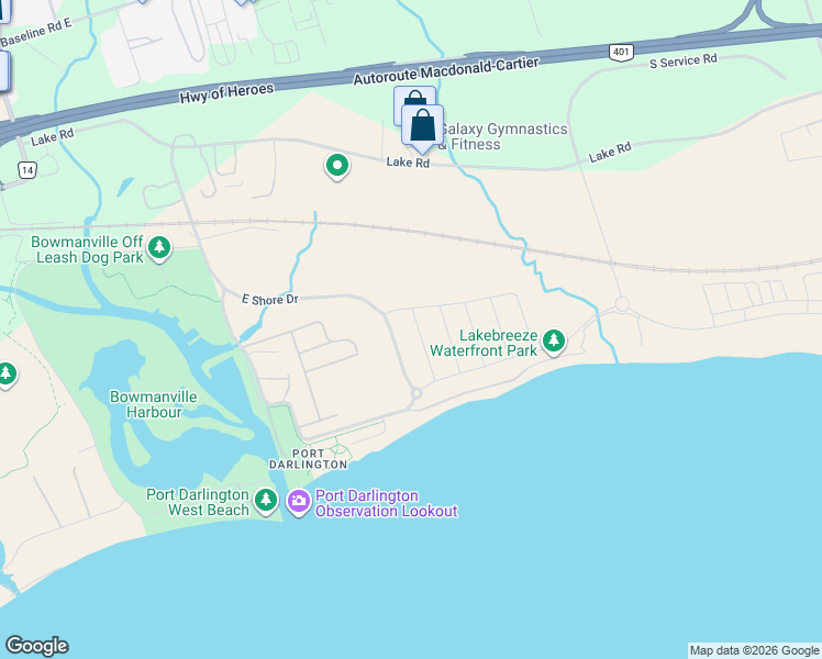 map of restaurants, bars, coffee shops, grocery stores, and more near 50 Cryderman Lane in Bowmanville
