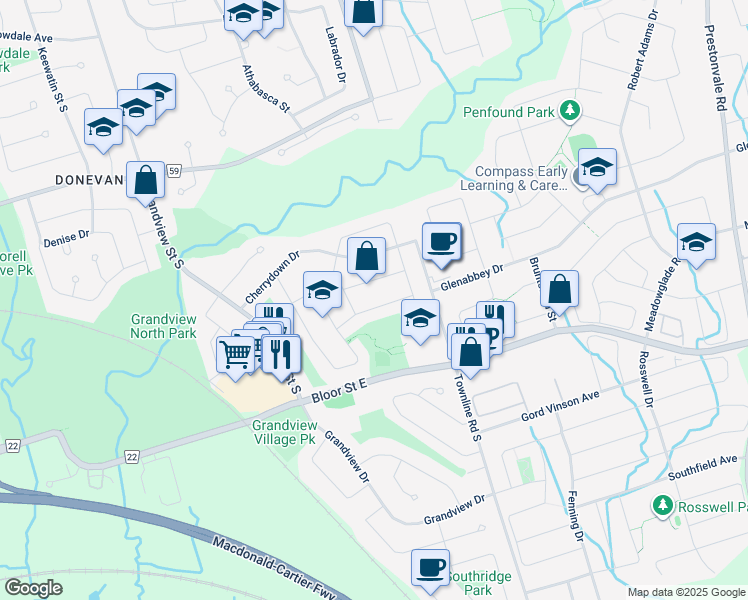 map of restaurants, bars, coffee shops, grocery stores, and more near 1294 Sunningdale Avenue in Oshawa