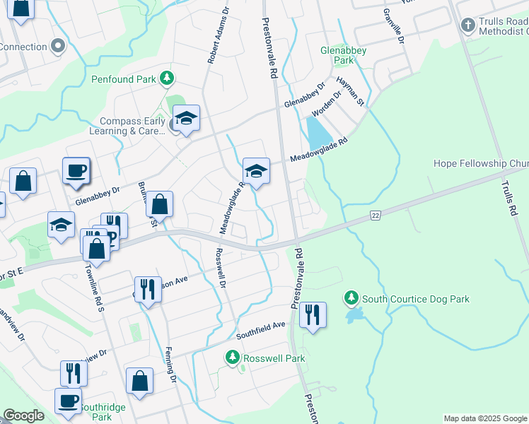 map of restaurants, bars, coffee shops, grocery stores, and more near in Courtice