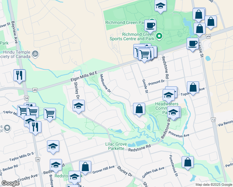 map of restaurants, bars, coffee shops, grocery stores, and more near 62 Melbourne Drive in Richmond Hill