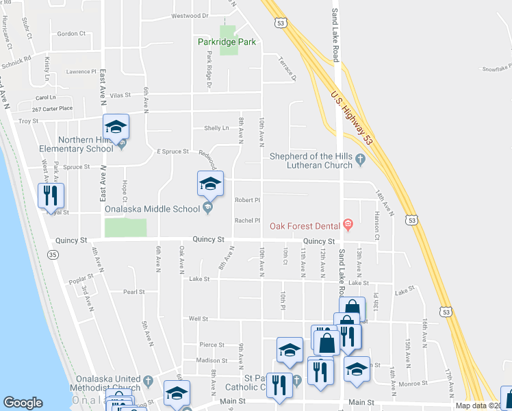 map of restaurants, bars, coffee shops, grocery stores, and more near 733 10th Avenue North in Onalaska