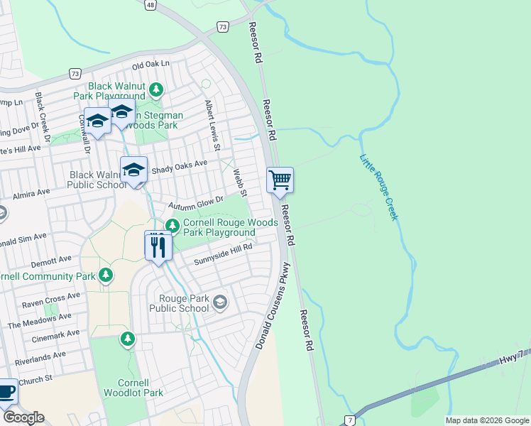 map of restaurants, bars, coffee shops, grocery stores, and more near 11 Bloom Street in Markham