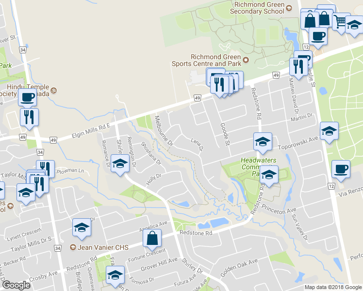 map of restaurants, bars, coffee shops, grocery stores, and more near 59 Melbourne Drive in Richmond Hill