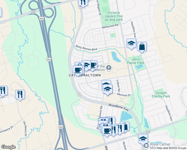 map of restaurants, bars, coffee shops, grocery stores, and more near 67 Cathedral High Street in Markham
