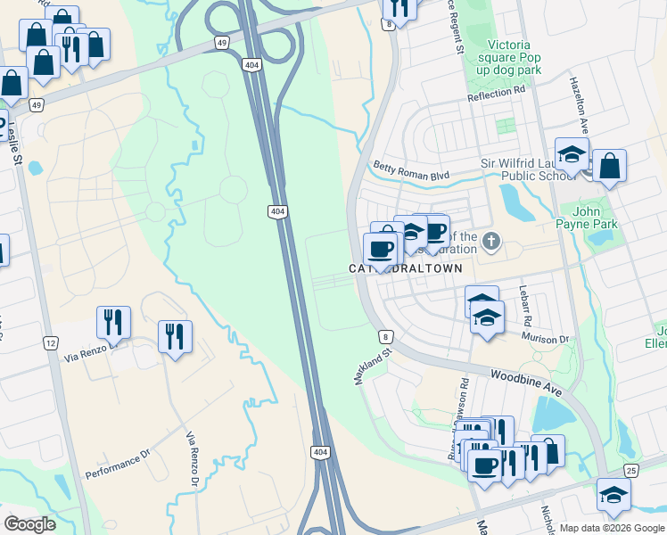map of restaurants, bars, coffee shops, grocery stores, and more near 10430 Woodbine Avenue in Richmond Hill