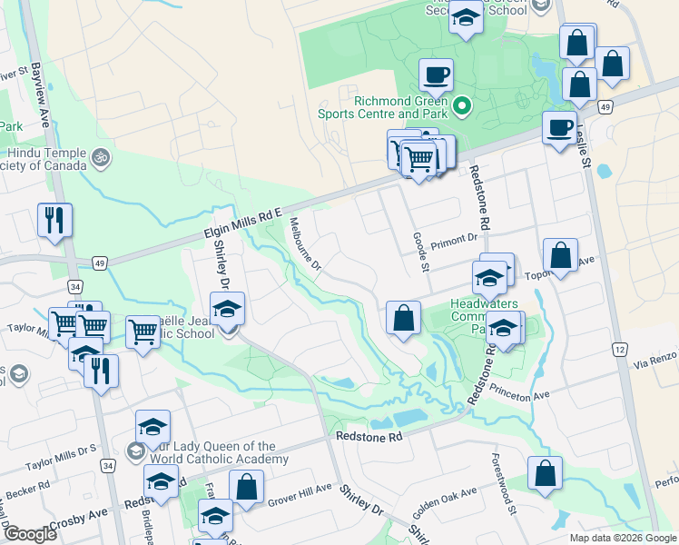 map of restaurants, bars, coffee shops, grocery stores, and more near 59 Melbourne Drive in Richmond Hill