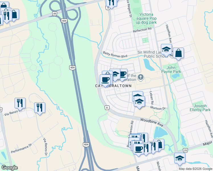 map of restaurants, bars, coffee shops, grocery stores, and more near 14 Cathedral High Street in Markham