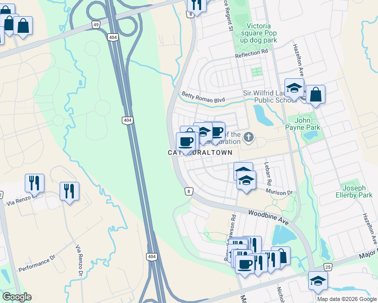 map of restaurants, bars, coffee shops, grocery stores, and more near 16 Cathedral High Street in Markham