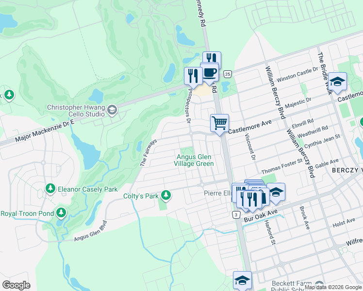 map of restaurants, bars, coffee shops, grocery stores, and more near 38 Woodgrove Trail in Markham