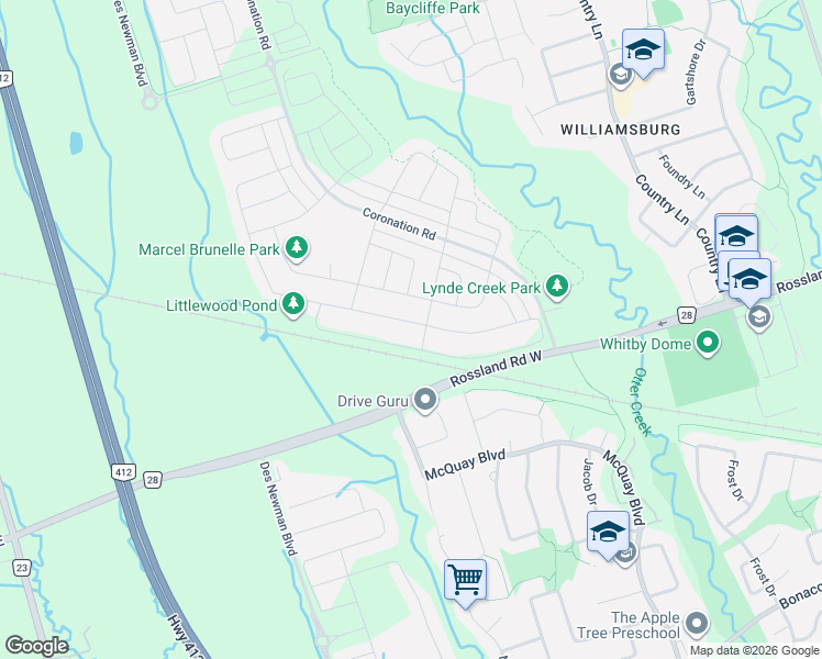 map of restaurants, bars, coffee shops, grocery stores, and more near 7 Auckland Drive in Whitby