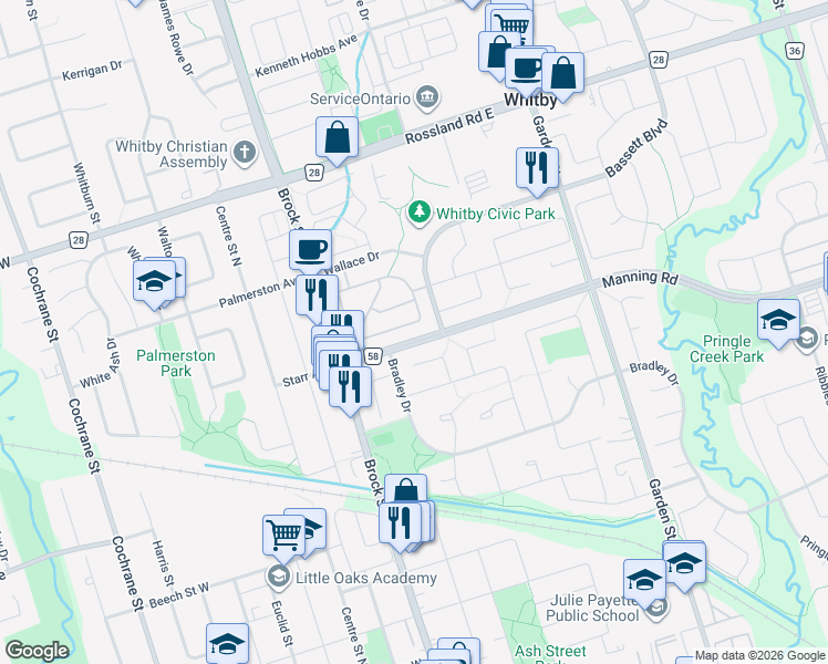 map of restaurants, bars, coffee shops, grocery stores, and more near 10 Bassett Boulevard in Whitby