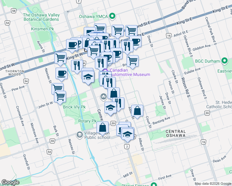 map of restaurants, bars, coffee shops, grocery stores, and more near 172 Celina Street in Oshawa