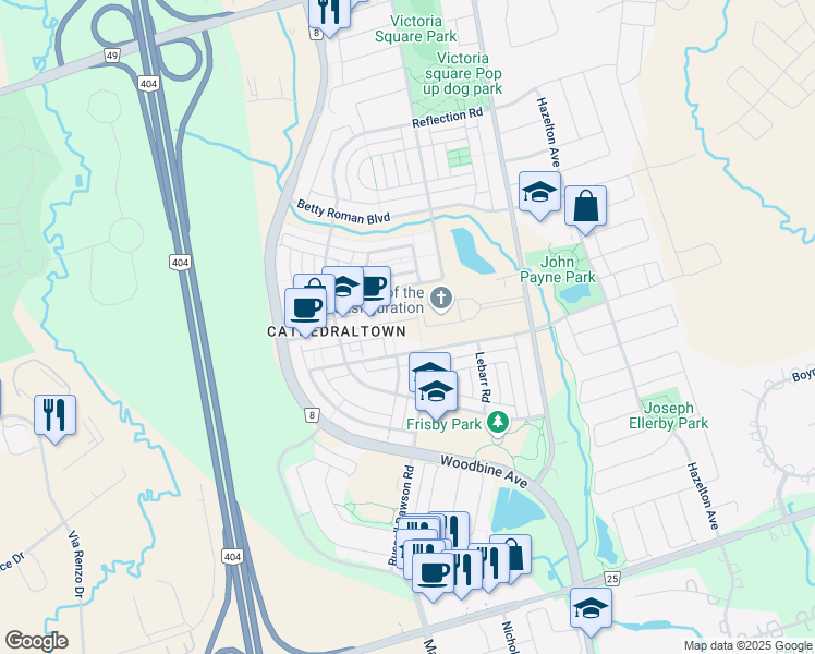 map of restaurants, bars, coffee shops, grocery stores, and more near 101 Cathedral High Street in Markham