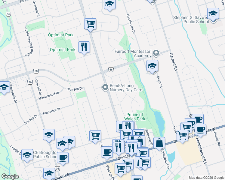 map of restaurants, bars, coffee shops, grocery stores, and more near 432 Prince of Wales Drive in Whitby