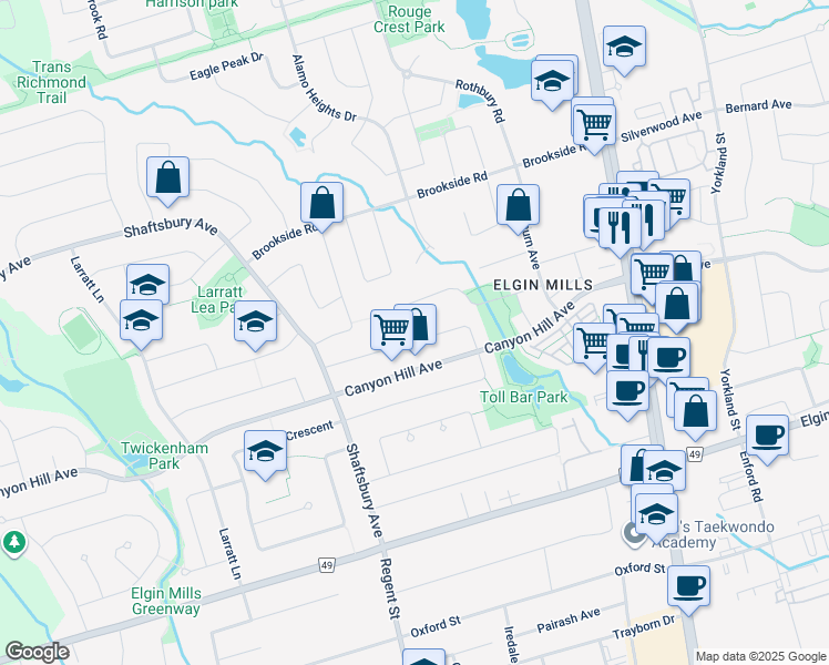 map of restaurants, bars, coffee shops, grocery stores, and more near 44 Palomino Drive in Richmond Hill