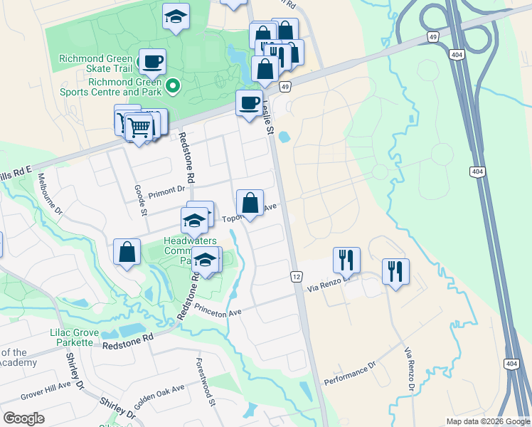 map of restaurants, bars, coffee shops, grocery stores, and more near 143 Toporowski Avenue in Richmond Hill