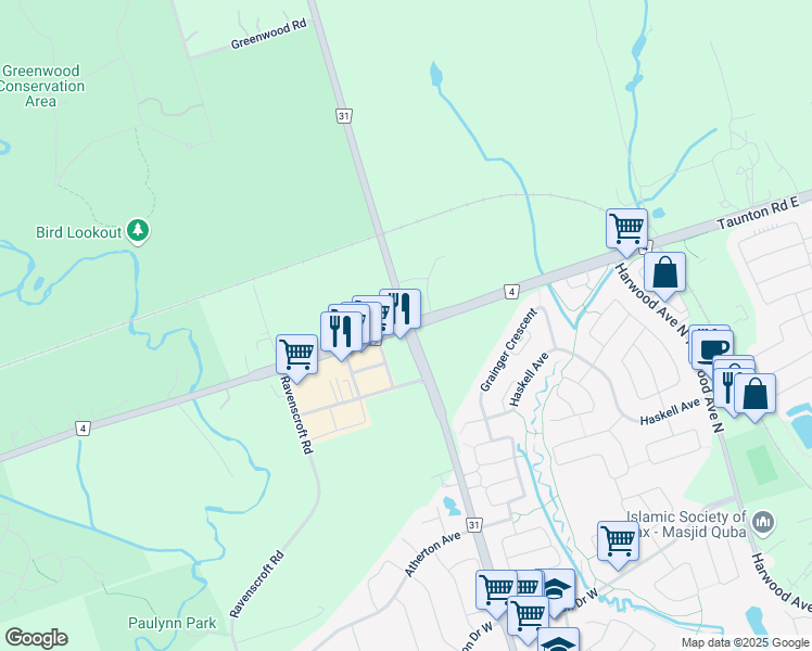 map of restaurants, bars, coffee shops, grocery stores, and more near Taunton Rd W & Westney Rd N in Ajax