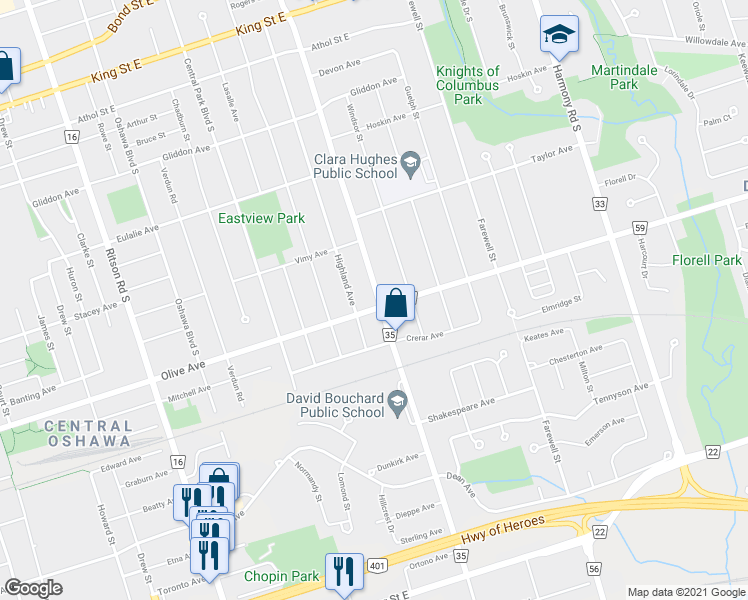 map of restaurants, bars, coffee shops, grocery stores, and more near 334 Wilson Road South in Oshawa