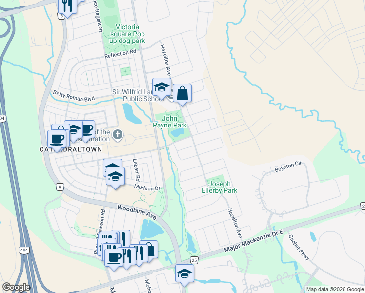 map of restaurants, bars, coffee shops, grocery stores, and more near 16 Harry Swingler Drive in Markham
