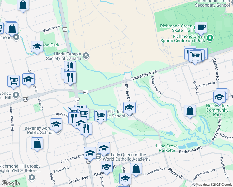 map of restaurants, bars, coffee shops, grocery stores, and more near 88 Romance Drive in Richmond Hill