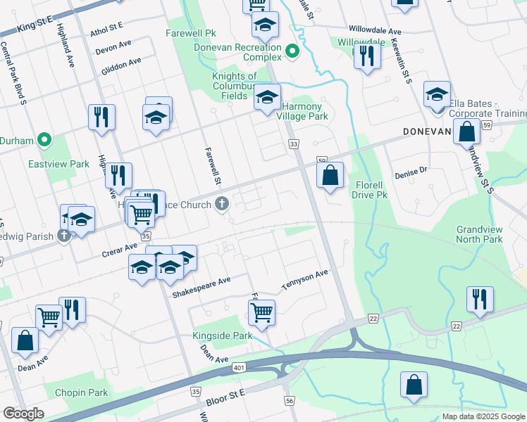 map of restaurants, bars, coffee shops, grocery stores, and more near in Oshawa