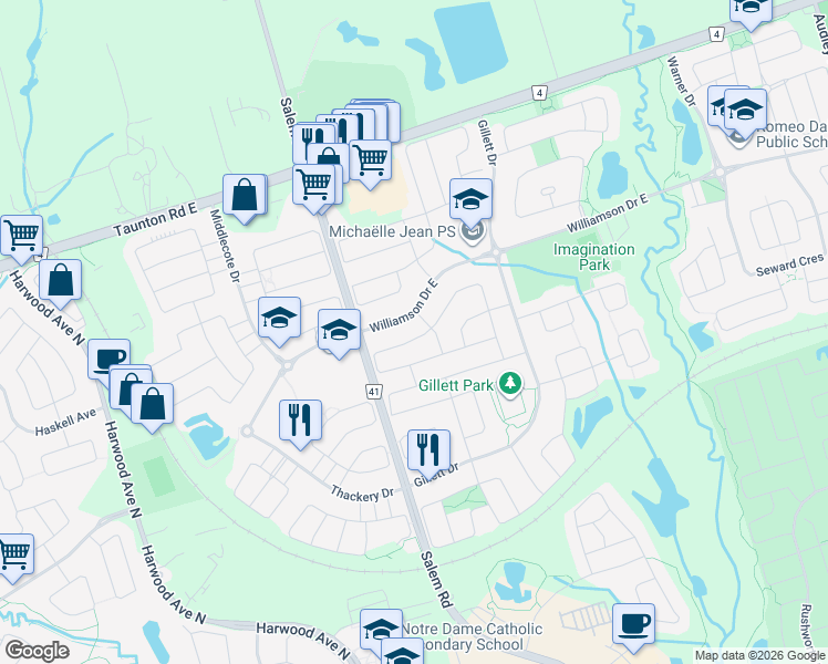map of restaurants, bars, coffee shops, grocery stores, and more near 48 Kirk Avenue in Ajax