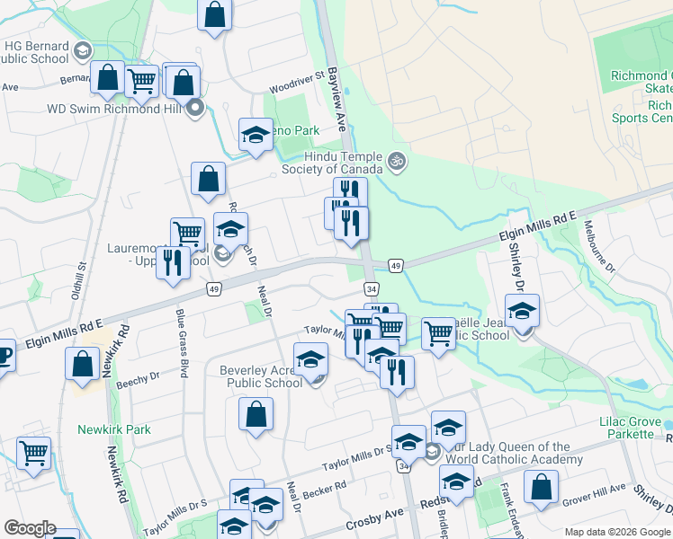 map of restaurants, bars, coffee shops, grocery stores, and more near in Richmond Hill