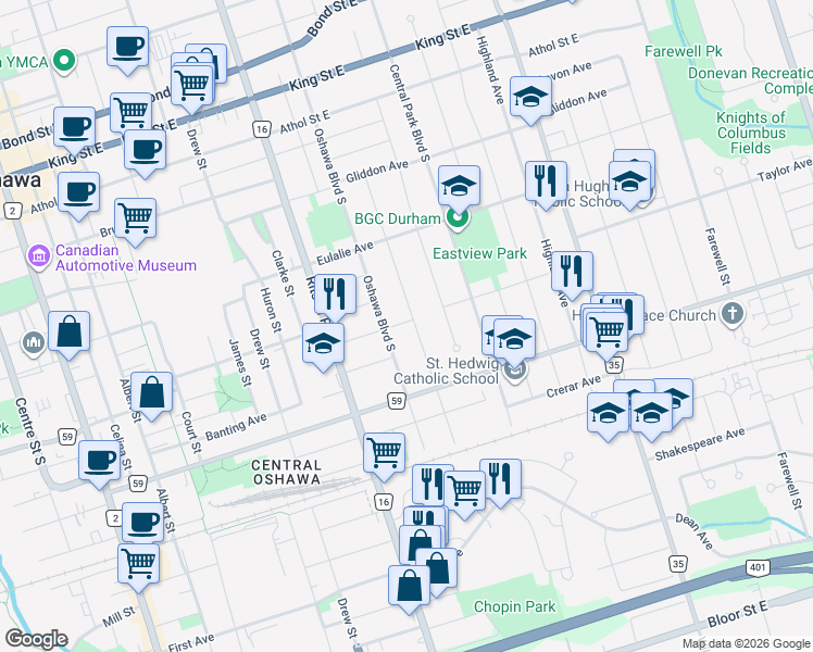 map of restaurants, bars, coffee shops, grocery stores, and more near in Oshawa